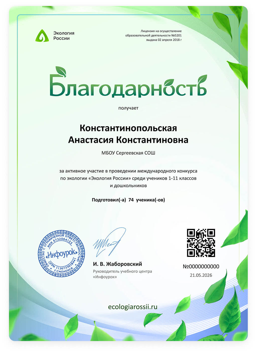 Благодарность учителю за&nbsp;активное участие